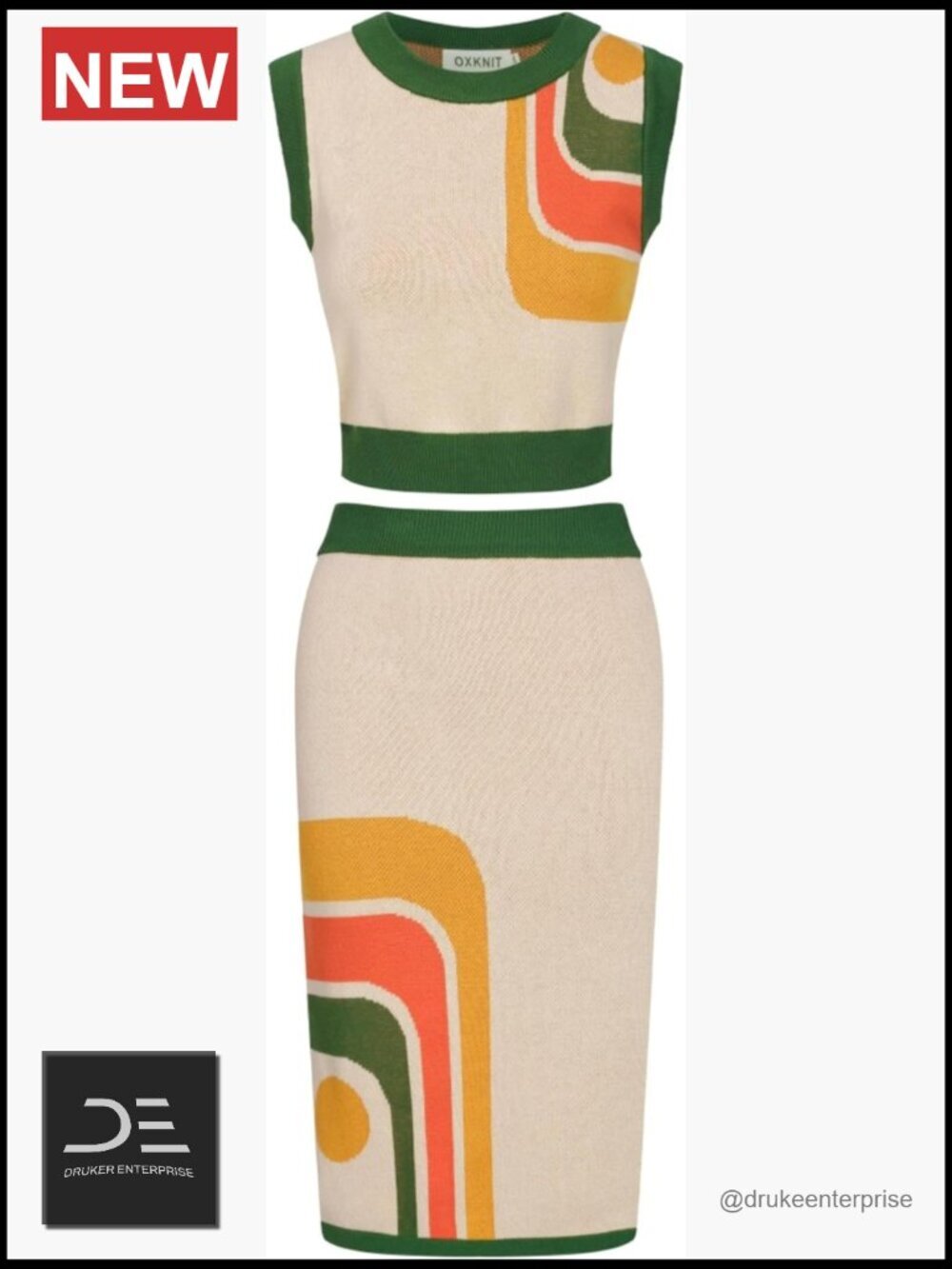 Cotton Knit Vest and Skirt 2 Piece Set Retro Geometry Tank Straight Skirt